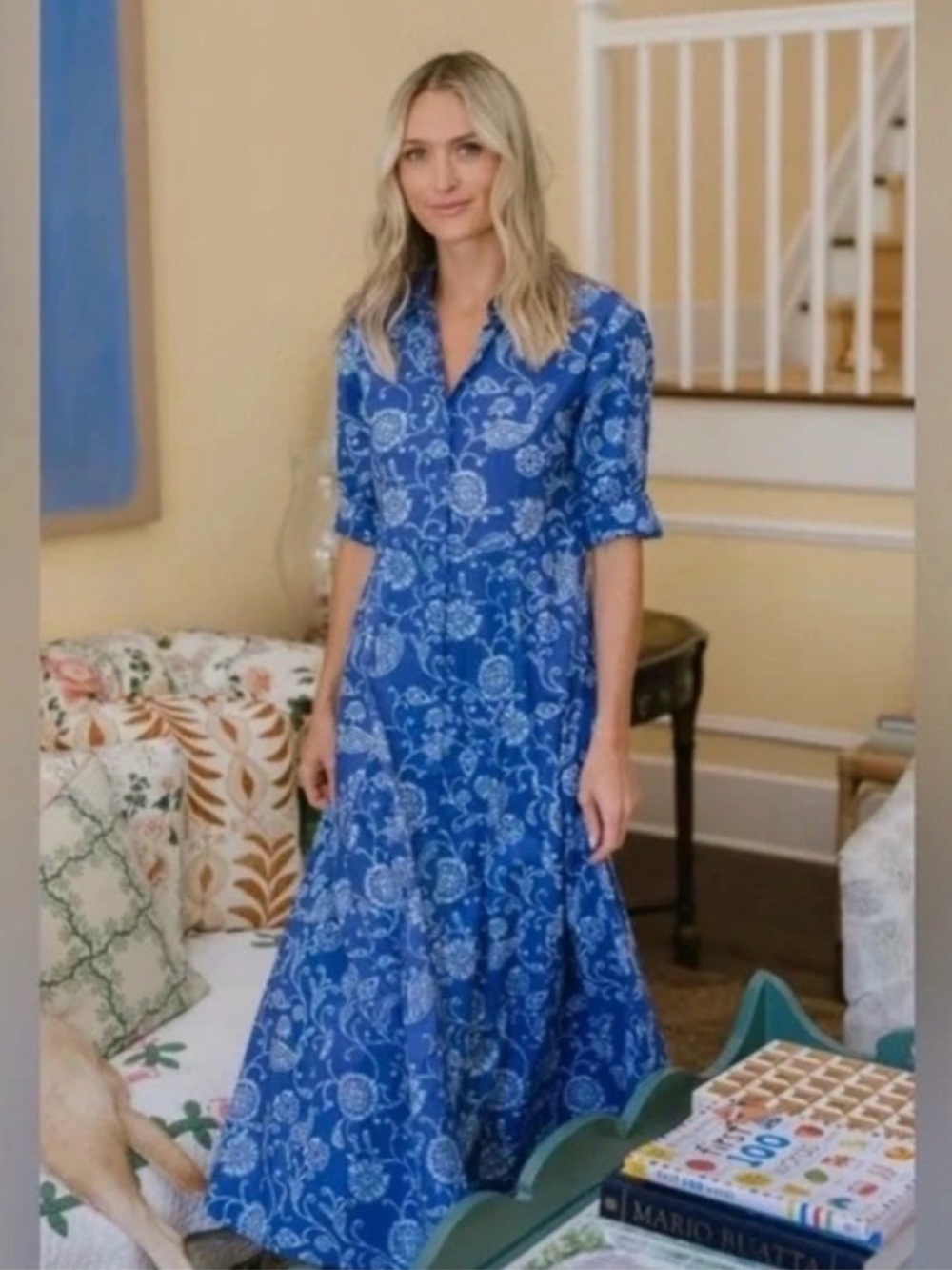 NWOT Julia Amory JA Shirt Dress Summer Maxi Button Down Cotton Blue Block Print